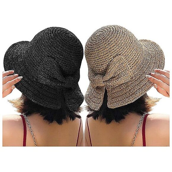 Wide Brim Floppy Straw Beach Sun Hat 2 Pack Khaki & Black - Picture 1 of 9